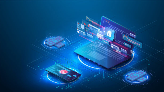 Online Internet banking 3d isometric banner. A Bank building with columns consisting of a digits matrix is shown on a laptop screen. Financial services available through the website on mobile devices