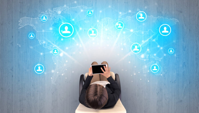 Social media concept with women sitting on chair